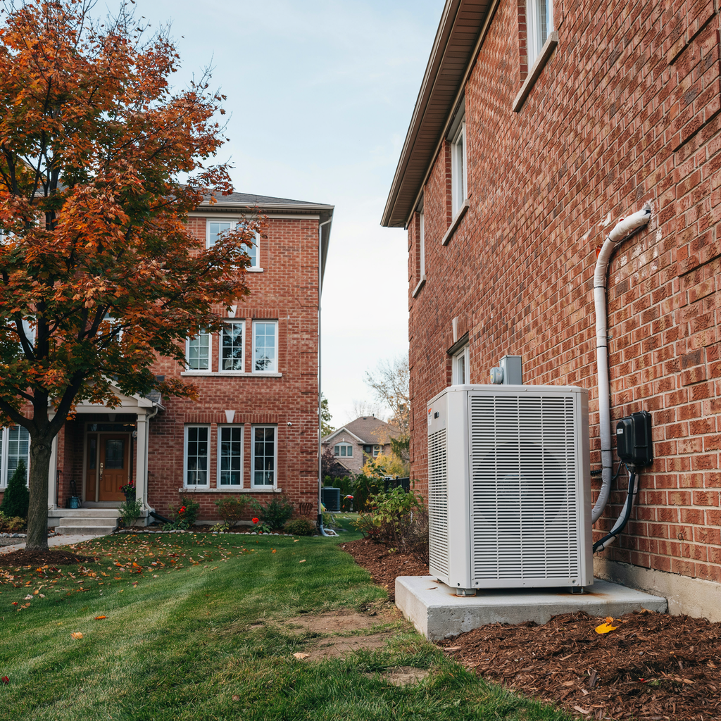 Residential air conditioner condenser installed beside a home