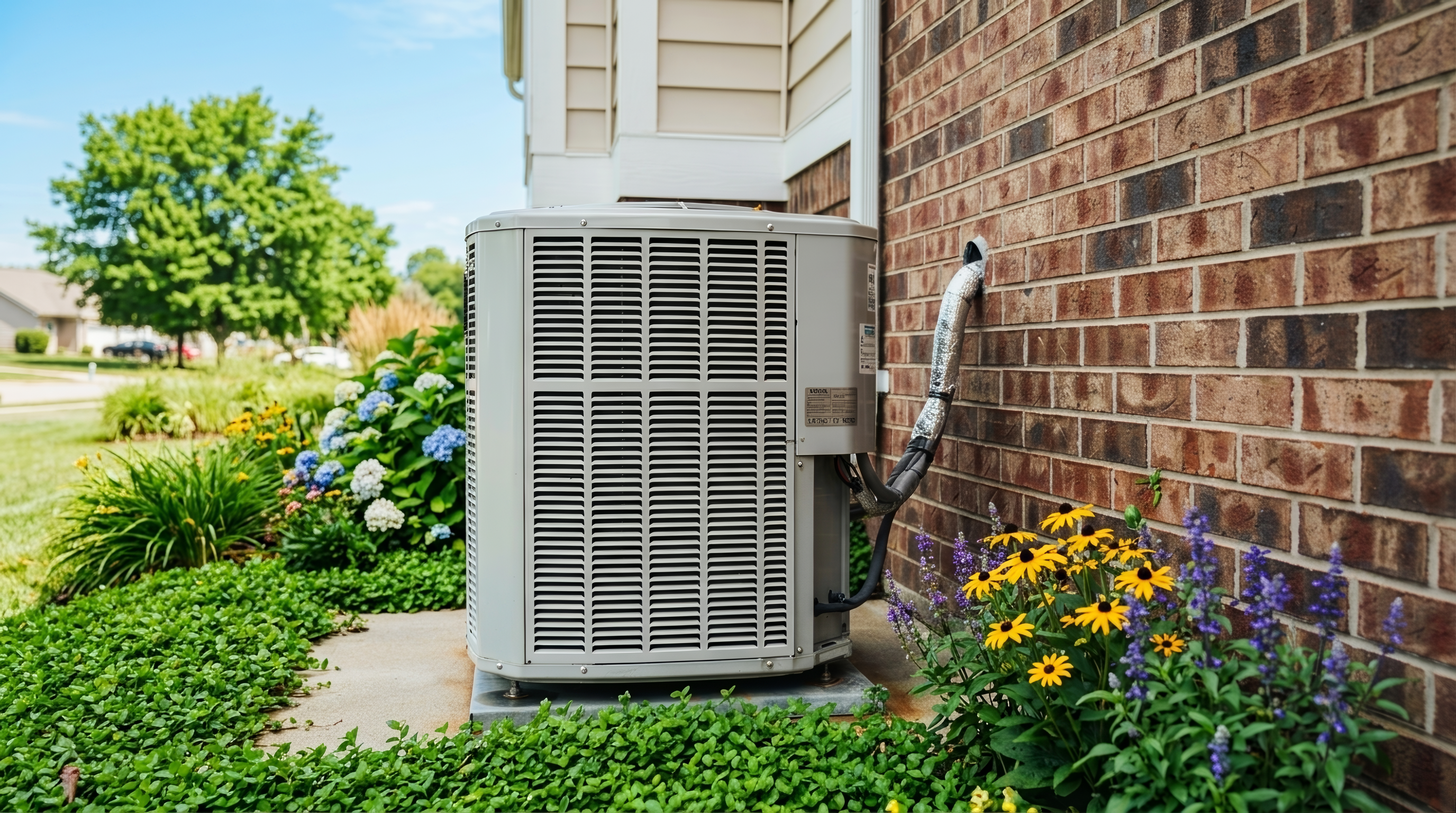 Residential HVAC condenser beside a brick home
